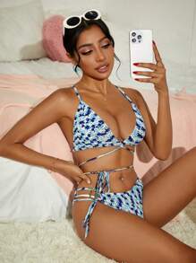 Damen Sommer Batik Crop Top mit gekreuzten Schnürungen und dreieckiger Bikini Cover-Up - Blau - Übersicht 7