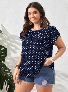 SHEIN Clasi Plus Size Women's Summer Polka Dot Round Neck Petal Short Sleeve Blouse - Navy Blue - View 1