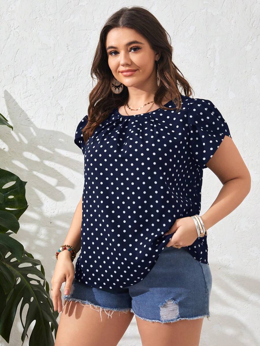 SHEIN Clasi Plus Size Women's Summer Polka Dot Round Neck Petal Short Sleeve Blouse - Navy Blue - View 1