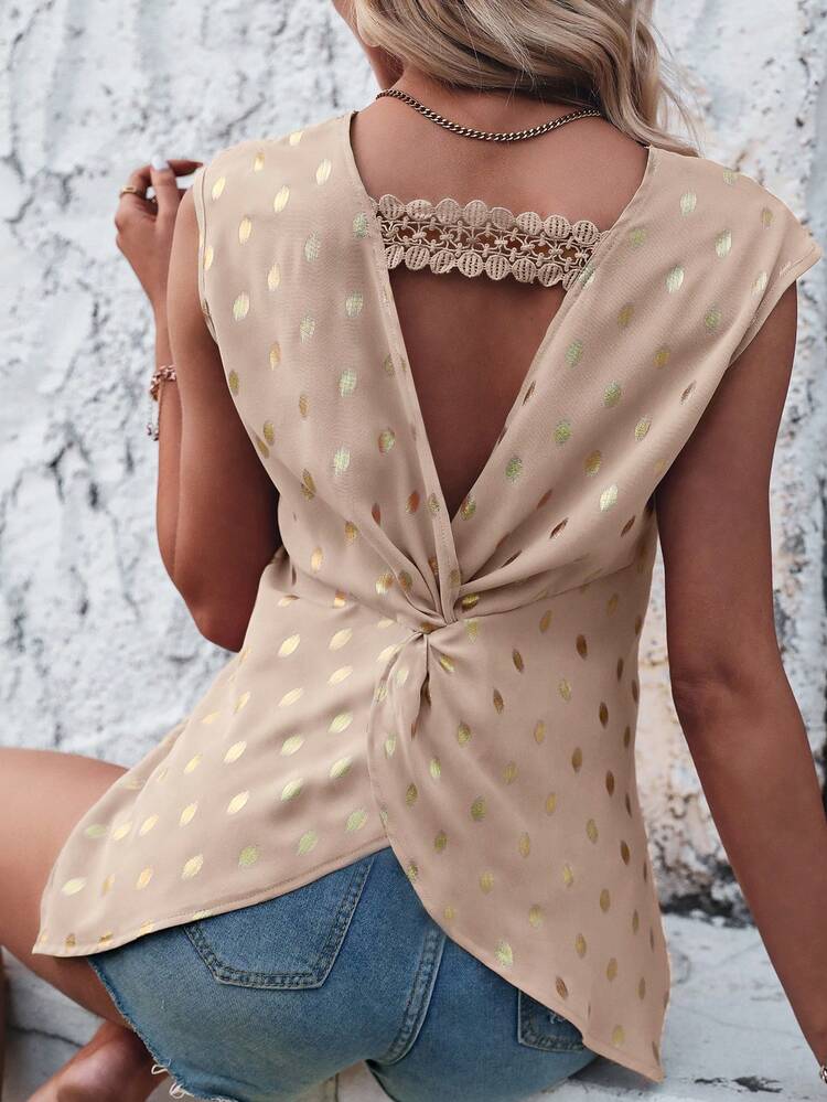 Polka Dot Print Round Neck Sleeveless Shirt With Twisted Knot Back Design