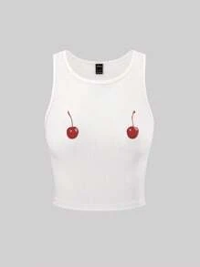 Flirla 女性時尚夏季櫻桃印花無袖短款背心上衣
