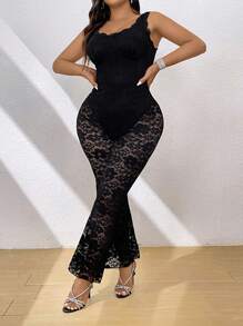 SHEIN Allurite Plus Size Patchwork Lace Flare Jumpsuit - Black - View 1