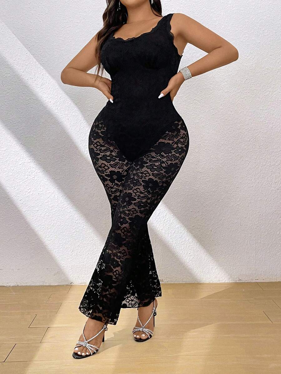 SHEIN Allurite Plus Size Patchwork Lace Flare Jumpsuit - Black - View 1