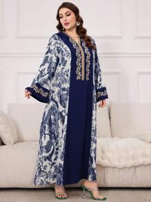 Al Najma 大码女式春夏阿拉伯植物印花连衣裙，拼接抽绳兜帽，休闲长袖超长连衣裙，卡夫坦 - 彩色 - 查看 3