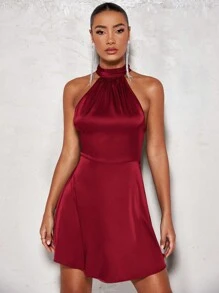 SHEIN BAE Quý cô Màu thuần Halter Neck Không lưng Váy không tay - Màu Đỏ Sâu - Xem 5