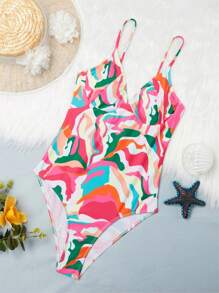 SHEIN Swim Traje de baño de una pieza con estampado abstracto y tirantes de espagueti para mujer, adecuado para la playa o el verano de vacaciones