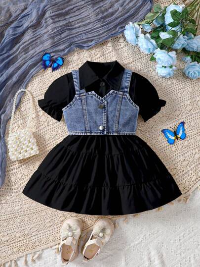 SHEIN 女婴夏季泡泡袖衬衫下摆荷叶边连衣裙和上衣套装