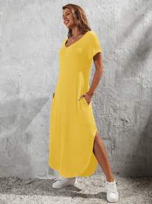 EMERY ROSE Solid Color V-Neck Loose Fit Dress With Arch Hemline - Yellow - View 5