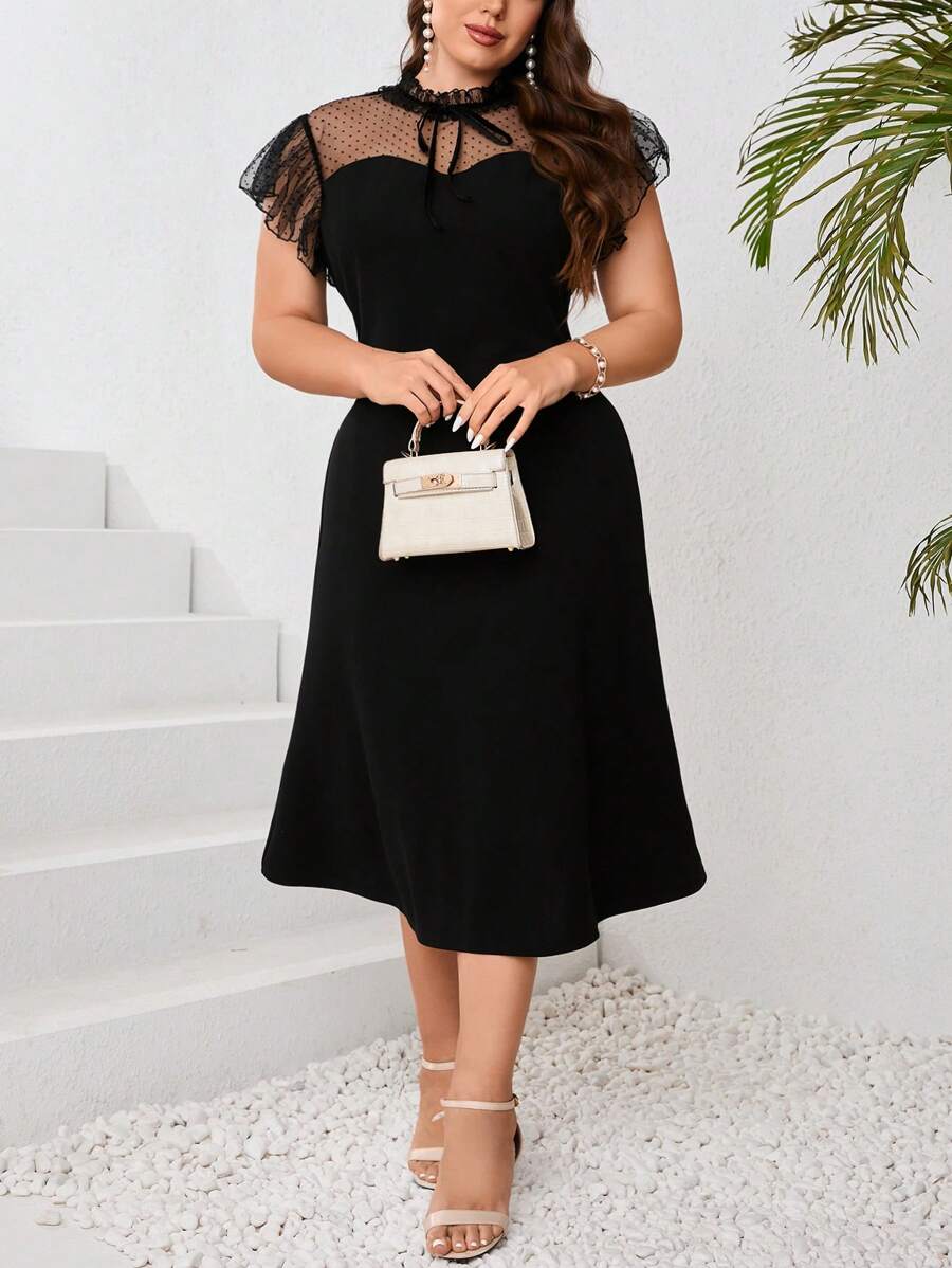 SHEIN Privé 加大碼圓點網紗拼接大擺中長款婚禮聯歡晚禮服，婚禮客人服裝 - 黑色 - 查看 1