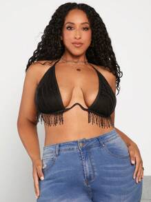 SHEIN CURVE+ Plus Size Black Backless Halter Top With Fringe Trim - Black - View 1