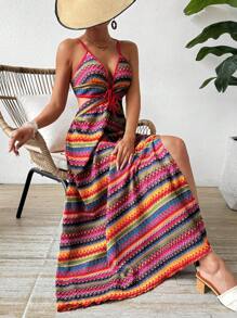 Breezaya Vestido De Tirantes De Espagueti Para Mujer Con Estampado Geométrico Y Cintura Ajustada - Multicolor - Ver 2
