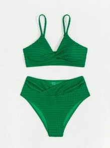 SHEIN Swim 夏季女士纯色细肩带比基尼套装 - 綠色 - 查看 8