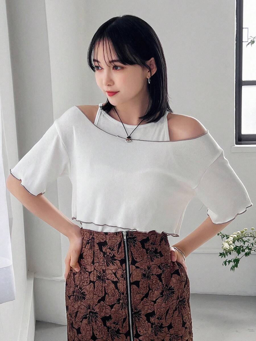 FRIFUL 女士純色細肩帶背心褲配撞色圓領t恤2件套裝 - 白色 - 查看 1