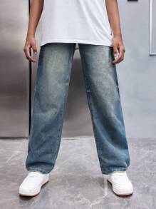 SHEIN 春夏季 Tween 男童休闲复古水洗宽松直筒蓝色牛仔裤 - 中等水洗藍 - 查看 4