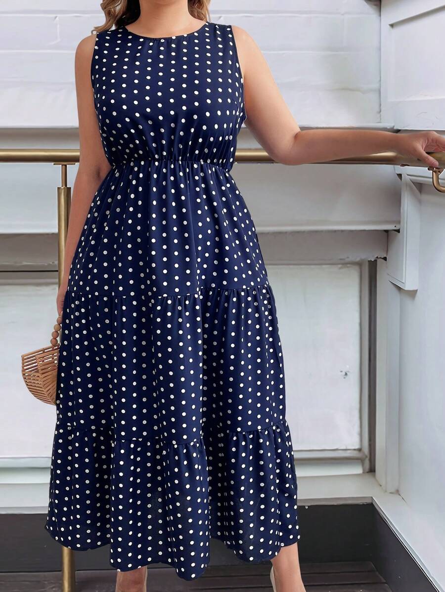 SHEIN Clasi Kích thước lớn Chấm bi Váy không tay Đối với phụ nữ - Xanh đậm - Xem 1