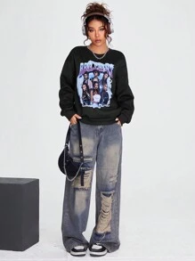 Coolane 女士休闲肖像与字母印花宽松落肩圆领运动衫 - 黑色 - 查看 3