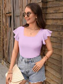 SHEIN LUNE 女士方領荷葉邊短袖t恤粉色上衣 - 淡紫色 - 查看 5