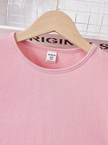 SHEIN 少女夢幻公主風格編織圓領T卹，花瓣袖，純色 - 淺粉色 - 查看 3