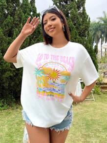 CovetEZ 大码复古乡村阳光假期印花宽松夏季 T 恤 - 白色 - 查看 3