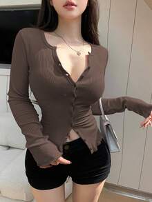 DAZY Của phụ nữ Thon gọn Tay áo dài Áo thun Với nút Mặt trước Và Henley Cái cổ , Màu thuần - Cà phê nâu - Xem 4
