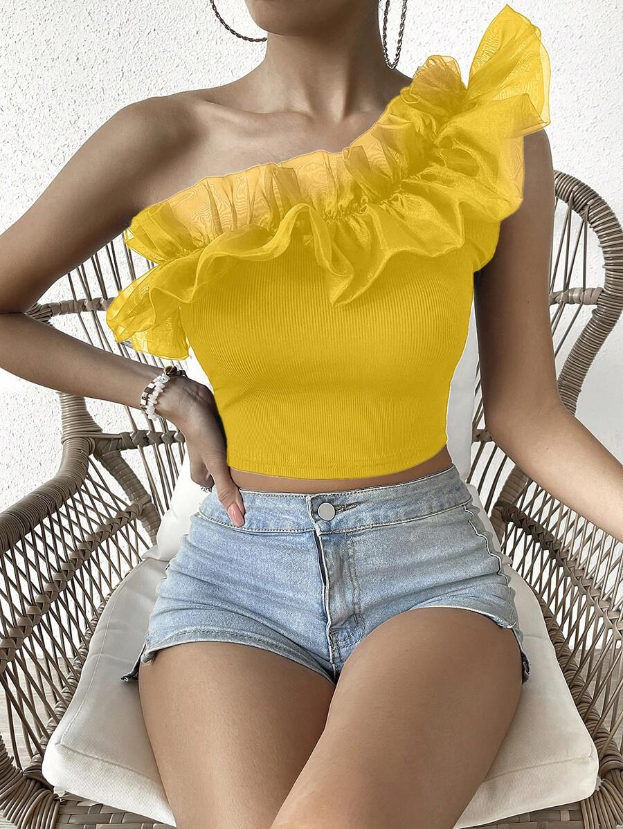 SHEIN VCAY Women's Solid Color Ruffle Trim Asymmetric Neckline Sleeveless Summer Top - Mustard Yellow - View 1