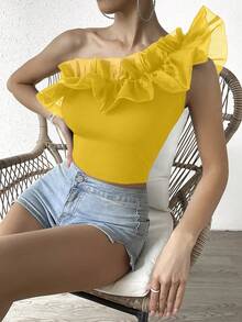 SHEIN VCAY Women's Solid Color Ruffle Trim Asymmetric Neckline Sleeveless Summer Top - Mustard Yellow - View 3