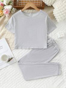 Tween Girl Solid Grey Simple Style Short Sleeve Top And Long Pants Casual Home Outfit Set - Grey - View 1