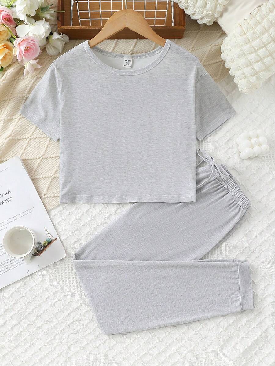 Tween Girl Solid Grey Simple Style Short Sleeve Top And Long Pants Casual Home Outfit Set - Grey - View 1