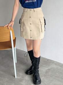 FRIFUL 女款鈕扣裝飾工裝風休閒A字裙，鉛筆裙校園風 - 卡其色 - 查看 4