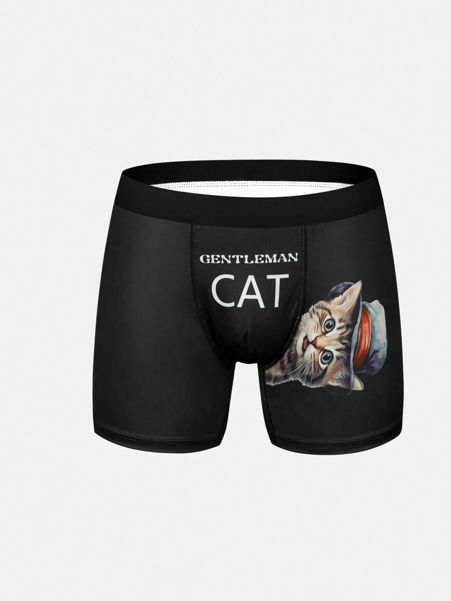 Men's Cat Printed Square Cut Underwear Trunks, Summer