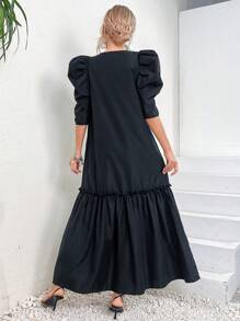 Seusyu 女士v領綁帶腰部泡袖連衣裙 - 黑色 - 查看 2