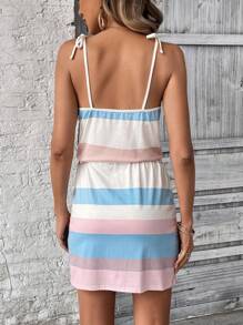 SHEIN LUNE 女士彩虹條紋休閒假期印花連身裙,可調節肩帶,束腰拉繩和雙口袋,適用於夏季