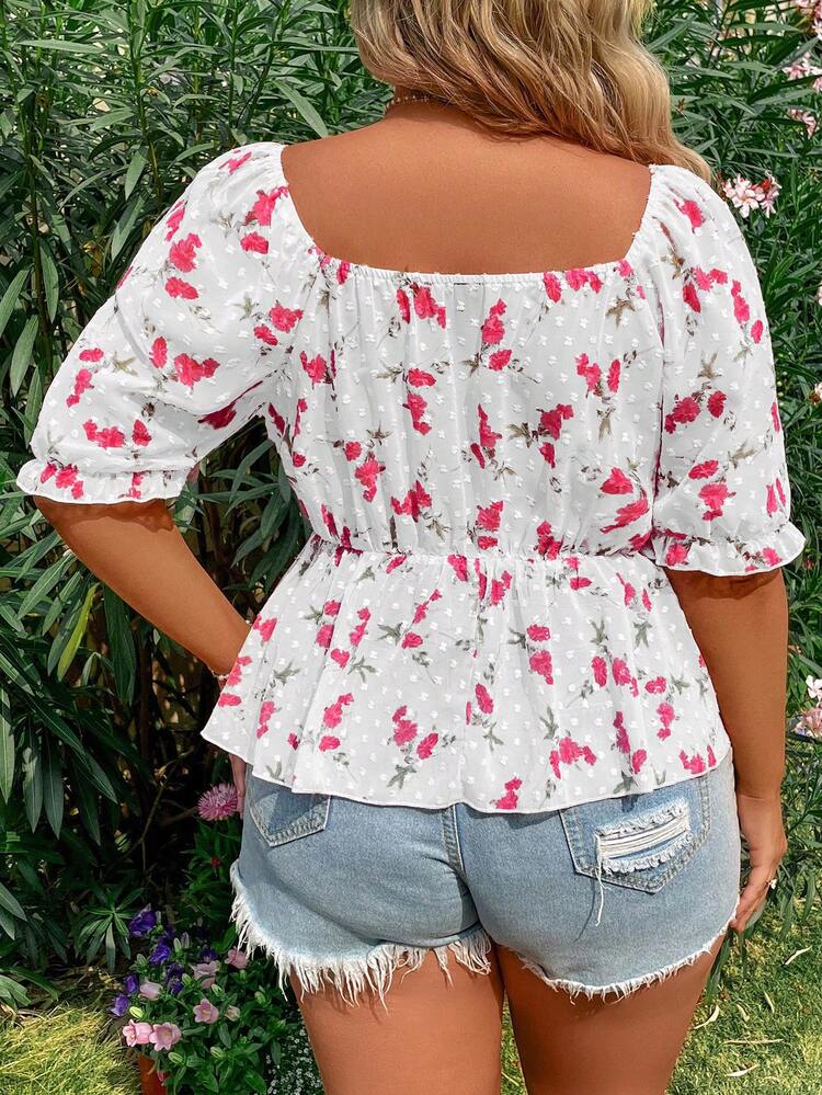 Plus Size Sweetheart Collar And Babydoll Hem Printed Blouse