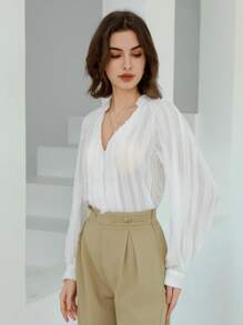 GENKIRA V領紋理半透明長袖女式襯衫 - 白色 - 查看 8