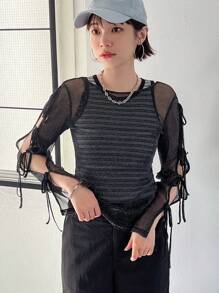 FRIFUL Blusa de mujer con cordones, calada y transparente de manga larga