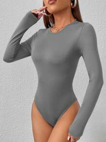 SHEIN PETITE Solid Color Round Neck Long Sleeve Bodycon Bodysuit - Grey - View 3