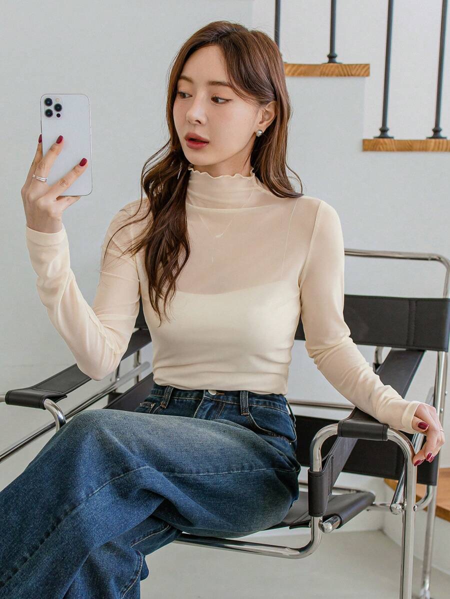 DAZY 女士透明立領長袖上衣 - 杏色 - 查看 1