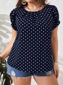 SHEIN Clasi Plus Size Women's Summer Polka Dot Round Neck Petal Short Sleeve Blouse - Navy Blue - View 3