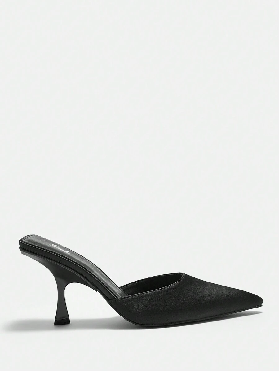 Women's Pointed Toe Thin Heel Mules With Covered Toe Cavity, Simple & Fashionable Style - Black - View 1
