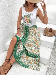 SHEIN VCAY Plus Size Vacation Leisure Printed Splice Sleeveless Dress - Multicolor - View 3