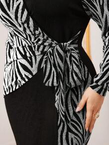 Modelyn Plus Size Women's Zebra Stripe Patchwork Waist Tie Long Sleeve Dress Long Evening Dresses - Silver - View 5