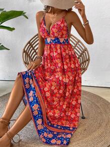 SHEIN Holidaya Váy Halterneck hở lưng in hoa khối màu dành cho nữ - Đỏ - Xem 5