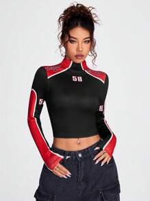 Coolane Letter Graphic Mock Neck Colorblock Crop Tee