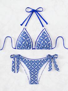 SHEIN Swim Halter Neck Bikini Set With Printed Pattern, Suitable For Summer Beach & Pool - Royal Blue - View 6