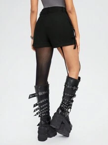 ROMWE Academia Solid Flap Pocket Shorts, School - Black - View 6