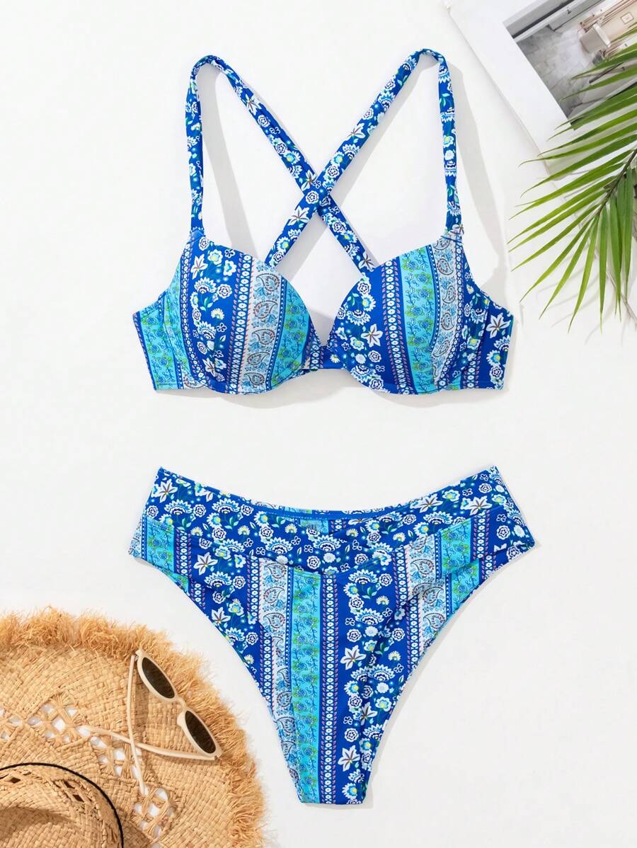 SHEIN Swim Printed Halter Neck Back Tie Bikini Set With Split Design Summer - Multicolor - View 1
