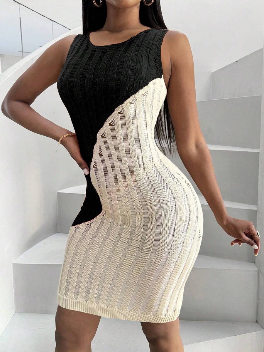 Zolique 女式色塊條紋圓領無袖裙,適用於春夏季節 - 黑色 - 查看 1