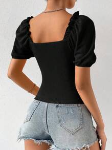 Rafferiza Solid Color Puff Sleeve T-Shirt With Ribbed Hem, Sweetheart Neck - Black - View 2