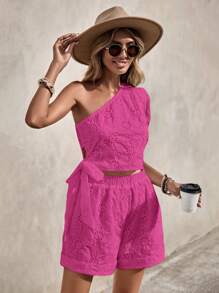 SHEIN VCAY 女士肩帶純色上衣和休閒短褲2件套裝,旅行首選