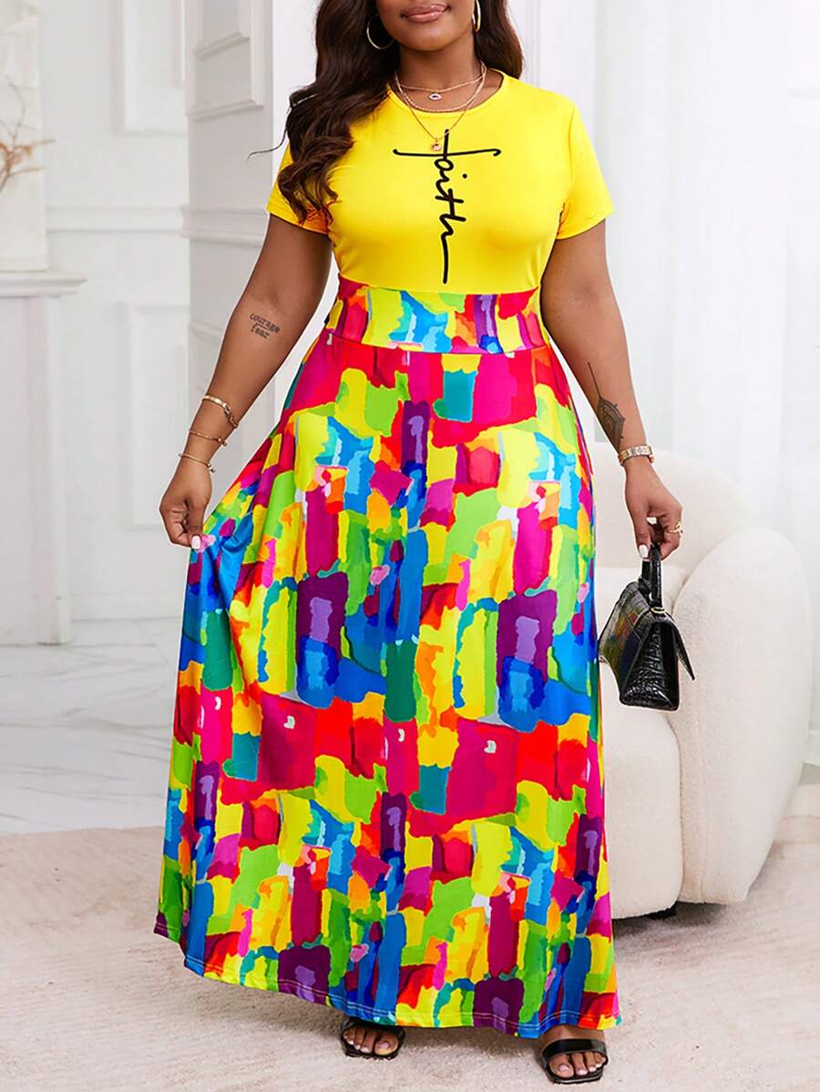 ChicMe Váy Maxi Tay Ngắn In Chữ Faith Cỡ Lớn Cho Phụ Nữ Có Đường Cong Mặc Hàng Ngày Thường Ngày - Màu vàng - Xem 1